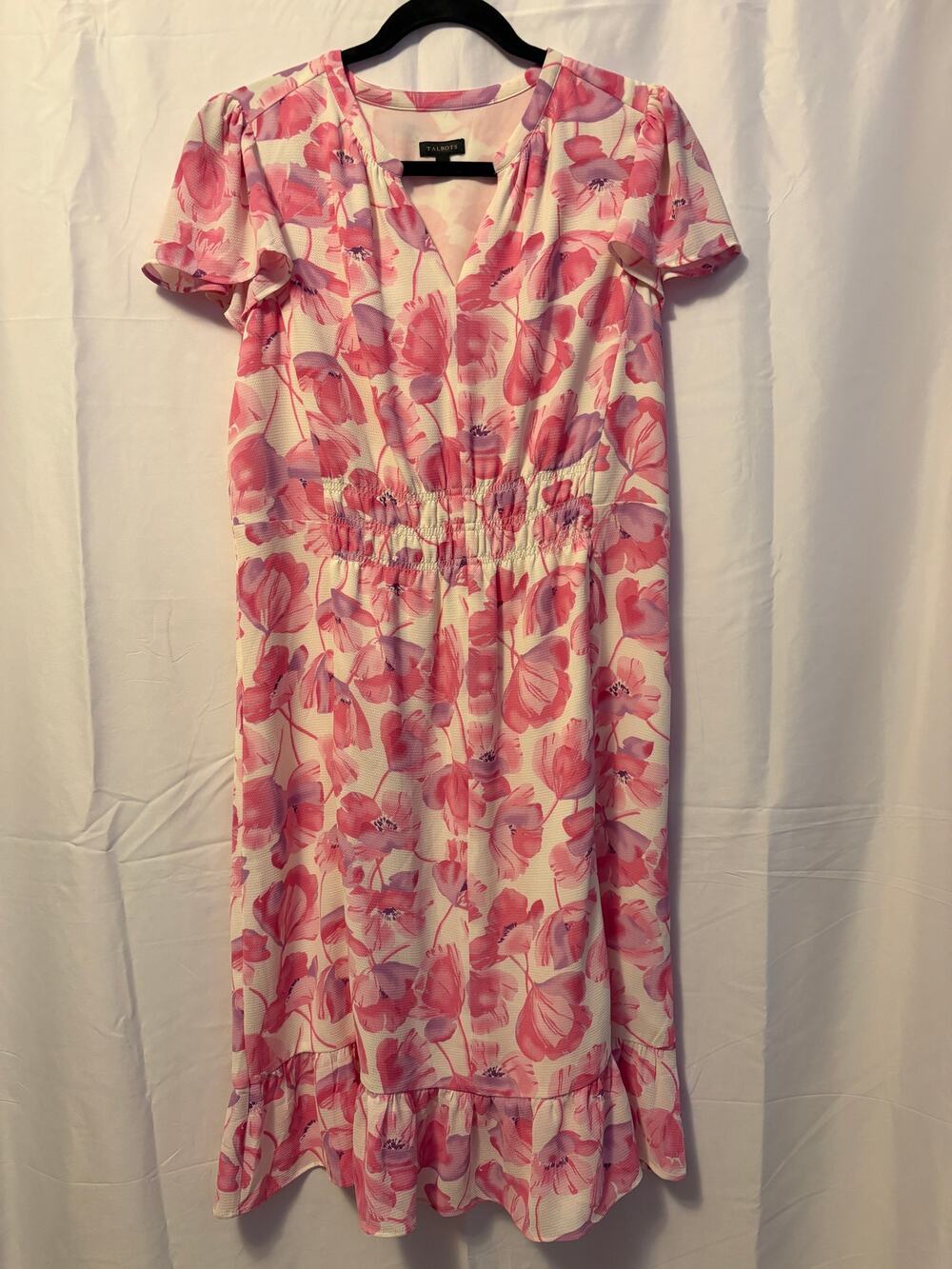 Talbots Poppies Floral Dress Pink Smocked Waist Flutter Sleeve Ruffle Hem Sz 8